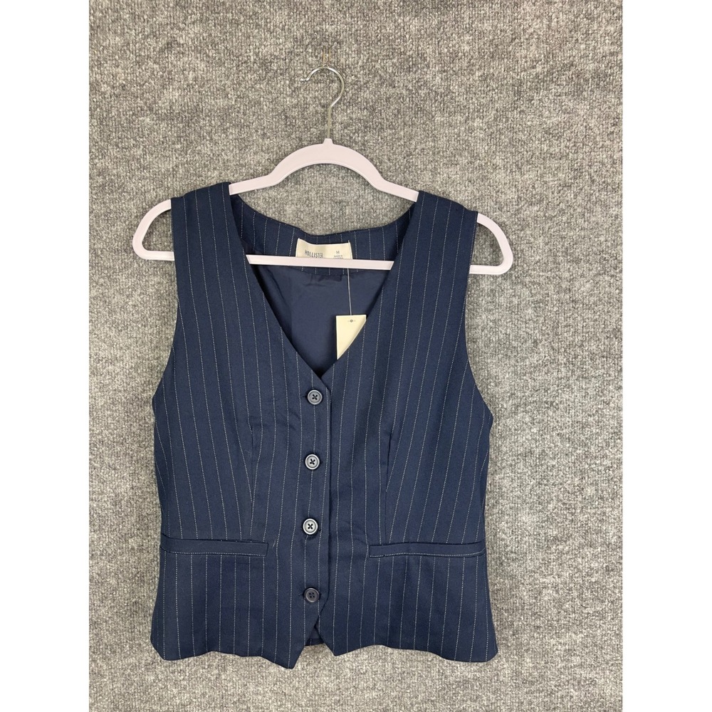 Hollister Pinstripe Vest Women Medium Navy‎ Blue NWT Button Front Cinch Back